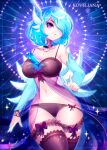  2022 5_fingers blue_hair bra clothed clothing digital_media_(artwork) eyebrows eyelashes female fingers hair hi_res koveliana looking_at_viewer midriff navel panties purple_eyes smile solo underwear 