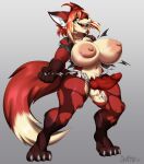  absurd_res anthro big_breasts breasts canid canine clothing fur genitals guttybee gynomorph hi_res huge_breasts intersex mammal penis red_body red_fur sharp_teeth solo teeth torn_clothing 