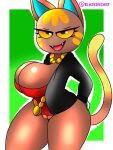 animal_crossing anthro big_breasts blazedscarf bottomless breasts brown_body cleavage clothed clothing digital_media_(artwork) domestic_cat fangs felid feline felis female fur genitals gold_(metal) gold_jewelry hi_res jacket jewelry katt_(animal_crossing) mammal necklace nintendo open_mouth pussy simple_background smile solo thick_thighs topwear video_games wide_hips yellow_eyes 