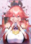  1girl animal_ears bangs bare_shoulders blurry blurry_background breasts cherry_blossoms crossed_bangs detached_sleeves earrings enshou_(namarien) floppy_ears fox_ears genshin_impact hair_between_eyes hair_ornament hakama hands_on_own_cheeks hands_on_own_face highres japanese_clothes jewelry large_breasts leaning_on_rail long_hair looking_at_viewer nontraditional_miko parted_lips petals pink_hair purple_eyes shrine signature smile solo upper_body very_long_hair vision_(genshin_impact) white_sleeves wide_sleeves yae_miko 