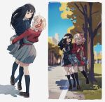  2girls bangs belt black_hair black_socks blonde_hair blue_belt blue_dress blurry blurry_background bob_cut brown_footwear closed_eyes collared_shirt dress full_body grass grey_dress hair_ribbon hajikkoneko highres inoue_takina long_hair lycoris_recoil lycoris_uniform multiple_girls nishikigi_chisato outdoors pleated_dress pleated_skirt purple_eyes red_belt red_dress red_eyes red_ribbon ribbon shirt short_hair skirt socks tree two-tone_dress white_background white_shirt yuri 