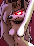  anthro breasts bright_eyes canid canid_demon canine canis close-up collar demon eledensfw featureless_breasts female fur grey_body grey_fur grey_hair hair hellhound helluva_boss looking_at_viewer loona_(helluva_boss) mammal nude presenting presenting_breasts raised_arms red_eyes red_sclera simple_background smile smiling_at_viewer solo white_body wolf 
