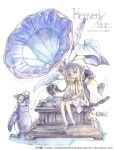  1girl artist_name bird blue_eyes bow crank dated dress flower grey_hair hane_segawa headphones highres morning_glory original penguin phonograph sandals sitting traditional_media web_address white_background white_dress yellow_bow 