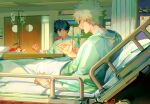  2boys absurdres apple apple_slice bakugou_katsuki bandages bed black_hair boku_no_hero_academia bowl door food freckles fruit highres hospital_bed hospital_gown indoors intravenous_drip male_focus midoriya_izuku multiple_boys open_mouth parted_lips profile revision short_hair taro-k teeth white_hair 