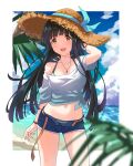  1girl arm_behind_head bangs beach belt bikini bikini_under_clothes black_hair blue_shorts blue_sky blurry blurry_foreground blush bracelet brown_belt brown_headwear check_commentary cloud collarbone commentary_request cowboy_shot damokan66 denim denim_shorts green_bikini hat highres idolmaster idolmaster_million_live! idolmaster_million_live!_theater_days jewelry kitakami_reika long_hair looking_at_viewer midriff navel necklace ocean off-shoulder_shirt off_shoulder open_fly open_mouth plant ribbed_hat shirt short_shorts short_sleeves shorts sky smile solo straw_hat striped striped_bikini swimsuit thighs white_shirt yellow_eyes 