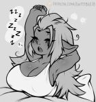  absurd_res big_breasts breasts cleavage clothed clothing female goblin guttybee hi_res humanoid not_furry running_makeup shirt sleeping solo sound_effects topwear zzz 