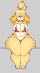  2022 absurd_res animal_crossing anthro big_breasts blonde_hair breasts canid canine canis cleavage clothed clothing digital_media_(artwork) domestic_dog female fur hair hair_over_eyes hi_res isabelle_(animal_crossing) mammal mehdrawings nintendo shaded shih_tzu simple_background sitting solo thick_thighs toy_dog video_games yellow_body yellow_fur 