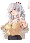  1girl bare_shoulders blue_eyes blush breasts camisole cleavage collarbone cowboy_shot ebifurya grey_hair hair_ribbon heart highres kantai_collection kashima_(kancolle) large_breasts long_hair looking_at_viewer one-hour_drawing_challenge removing_jacket ribbon sideboob sidelocks simple_background sleeveless smile solo tsurime twintails twitter_username undressing wavy_hair white_background 