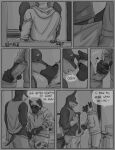  2022 anthro bottomwear bottomwear_down canid canine canis clothed clothing comic danny_(gayrider8) dialogue dobermann domestic_dog duo english_text foreskin fur gayrider8 genitals handjob hi_res hoodie kissing male male/male mammal monochrome pants pants_down partially_clothed penile penis pinscher prince_(gayrider8) sex shirt shorts spots spotted_body spotted_fur tank_top text topwear vein 