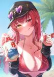  1girl :q absurdres baseball_cap beach bikini black_jacket blush breasts cleavage closed_mouth condensed_milk cup day eyewear_on_headwear fingernails food hat heart heart-shaped_eyewear heart_necklace heterochromia highres holding holding_cup hololive houshou_marine ichijo_kazuya jacket jewelry large_breasts long_fingernails long_hair long_sleeves nail_polish necklace open_clothes open_jacket outdoors palm_tree red_bikini red_eyes red_hair red_nails revision shaved_ice smile solo string_bikini suggestive_fluid sunglasses swimsuit tongue tongue_out tree upper_body virtual_youtuber yellow_eyes 