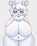  albino anthro antlers big_breasts blush breasts capreoline cervid featureless_breasts female hair hi_res horn huge_breasts looking_at_viewer mammal matospectoru narrowed_eyes neck_tuft nude overweight overweight_anthro overweight_female red_eyes reindeer solo thick_thighs tuft white_hair wide_hips 
