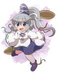  1girl blue_eyes blue_headwear blue_skirt blush boots full_body grey_hair hair_between_eyes hat highres japanese_clothes kariginu long_hair mononobe_no_futo open_mouth pom_pom_(clothes) ponytail purple_footwear rokugou_daisuke signature skirt sleeves_past_fingers sleeves_past_wrists smile solo tate_eboshi touhou wide_sleeves 