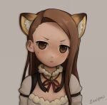  1girl animal_ear_fluff animal_ears breasts brown_eyes brown_hair cat_ears detached_collar forehead grey_background idolmaster light_blush light_frown long_hair looking_at_viewer minase_inori minase_iori parted_lips portrait signature small_breasts solo straight_hair zoolpal 