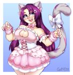  animal_humanoid blue_background breasts cat_humanoid cleavage clothed clothing dress felid felid_humanoid feline feline_humanoid female fur grey_body grey_fur guttybee hair hi_res humanoid mammal mammal_humanoid purple_hair simple_background solo 