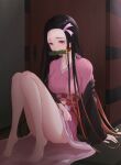  1girl absurdres asa_no_ha_(pattern) bamboo bit_gag black_hair breasts brown_hair checkered_sash erid_(jcw9237) forehead gag gagged haori heel_up highres japanese_clothes kamado_nezuko kimetsu_no_yaiba kimono long_hair looking_at_viewer medium_breasts mouth_hold pink_eyes pink_kimono pink_ribbon ribbon thighs 