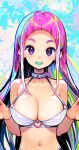  1girl bikini blue_hair breasts cleavage collar collarbone commentary_request fangs green_hair grey_collar heterochromia large_breasts long_hair looking_at_viewer multicolored_hair navel onono_imoko open_mouth original pink_eyes pink_hair purple_eyes smile solo swimsuit white_bikini 