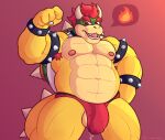  4_fingers anthro armpit_hair balls belly bodily_fluids body_hair bowser bracelet bulge churrosolixoso claws clothing digital_media_(artwork) dragon erection fingers fire genital_fluids genitals hair hi_res horn jewelry koopa looking_at_viewer male male/male mario_bros muscular muscular_anthro muscular_male nintendo nipples nude open_mouth pecs penis precum scales scalie shell simple_background smile solo speech_bubble spikes underwear video_games 