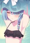  1girl :o absurdres armpits arms_up arona_(blue_archive) bangs bikini black_bikini blue_archive blue_hair blue_shirt blush bow braid closed_eyes collarbone commentary_request eyes_visible_through_hair hair_over_one_eye highres kakido_(hatisaka28) long_hair multicolored_hair parted_lips pink_hair shirt single_braid solo swimsuit two-tone_hair undressing upper_body white_bow 