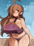  1girl blush breasts brown_hair hair_over_one_eye kono_subarashii_sekai_ni_shukufuku_wo! large_breasts long_hair navel sky_background solo swimsuit thick_thighs thighs wamudraws wiz_(konosuba) yellow_eyes 