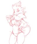  absurd_res anthro anthrofied breasts canid canine clothing eyelashes female fox generation_5_pokemon hi_res looking_at_viewer mammal monochrome nintendo pokemon pokemon_(species) red_and_white simple_background sketch solo stormclad swimwear video_games zorua 