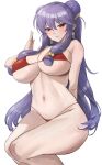  1girl arm_behind_back bare_shoulders bikini breasts cleavage covered_nipples earrings hair_ornament highres jewelry kataku_musou large_breasts looking_at_viewer navel plump purple_hair ranma_1/2 red_bikini red_eyes shampoo_(ranma_1/2) solo swimsuit thick_thighs thighs underboob 