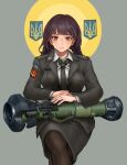  1girl bangs black_necktie black_pantyhose blush breasts brown_hair closed_mouth collared_shirt cowboy_shot highres long_hair long_sleeves military military_uniform necktie nlaw original pantyhose perfect_han rocket_launcher russo-ukrainian_war shirt sitting skirt smile solo st._javelin ukrainian_flag uniform weapon white_shirt 