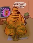  anal anthro big_butt bodily_fluids butt butt_smother butt_sniffing clothed clothing demon dialogue domestic_cat duo facesitting fart felid feline felis froggyzoid_(artist) fully_clothed garfield_(series) garfield_the_cat hi_res living_room looking_back looking_pleasured male male/male mammal nude onomatopoeia oral orgasm overweight raymond_(froggyzoid) rimming sex smothering sniffing sound_effects sweat television text towel 