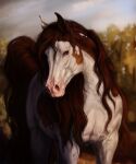  big_tail blue_eyes brown_body brown_fur brown_hair equid equine eyelashes female feral fur hair hi_res horse long_tail mammal outside plant realistic scarlanya sky solo tree white_body white_fur 