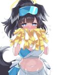  1girl animal_ears black_hair blue_archive blue_eyes blush breasts bright_pupils cleavage commentary_request covering_face dog_ears dog_girl dog_tail edobox eyewear_on_head halo hibiki_(blue_archive) hibiki_(cheerleader)_(blue_archive) highres medium_breasts midriff navel pleated_skirt ponytail skirt solo tail white_pupils 