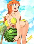  1girl :d aetherion bent_over bikini bleach breasts butt_crack carrying cleavage cloud cloudy_sky clover_print covered_nipples day food fruit hair_ornament highres holding holding_food holding_fruit inoue_orihime large_breasts long_hair looking_to_the_side orange_eyes orange_hair outdoors palm_tree sidelocks sky smile solo swimsuit tree watermelon yellow_bikini 