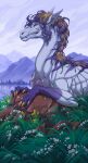  2022 ambiguous_gender claws day detailed_background digital_media_(artwork) dragon feral grass hi_res membrane_(anatomy) membranous_wings outside plant polunoch rock sky solo wings 
