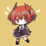  ! 1girl animal_ears arknights bird_ears black_footwear black_gloves black_jacket black_skirt blush_stickers brown_background chibi collared_shirt fiammetta_(arknights) frilled_skirt frills gloves jacket long_sleeves looking_at_viewer mom2 necktie open_clothes open_jacket red_eyes red_hair red_necktie shirt short_hair simple_background skirt solo white_shirt 