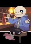  2boys absurdres bar black_shorts black_vest blue_hoodie bone bottle bow bowtie flaming_head glasses glowing glowing_eye grillby grin highres hood hoodie indoors kin_niku looking_at_viewer multiple_boys sans shirt shorts sitting skeleton slippers smile solo_focus stool undertale vest white_shirt 