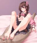  1boy 1girl barefoot bracelet breasts brown_eyes brown_hair cum diamond_hair_ornament feet footjob frilled_cuffs frills hair_flaps hair_ornament hair_ribbon hairclip highres hololive jewelry legs nipples no_bra panties penis pink_shirt red_ribbon ribbon shirt skrit smile star_(symbol) star_hair_ornament toes tokino_sora twintails underwear virtual_youtuber zellam 