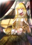  1girl absurdres ahoge bed bedroom blonde_hair breasts brown_eyes cape cat colored_eyelashes cowlick gem highres indoors isabeau_de_baviere_(madoka_magica) jewelry large_breasts long_hair long_sleeves looking_at_animal magia_record:_mahou_shoujo_madoka_magica_gaiden mahou_shoujo_madoka_magica mahou_shoujo_tart_magica mature_female messy_hair necklace petting pillow queen ring royal_robe shimotsukishin sitting smile wavy_hair 