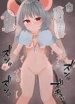  1boy 1girl animal_ears bangs blue_capelet blush breasts capelet clenched_teeth commentary_request crystal dakuazu feet_out_of_frame grey_hair hetero highres holding_another&#039;s_wrist jewelry looking_at_viewer mouse_ears mouse_girl mouse_tail naked_capelet nazrin nipples pendant pussy red_eyes sex sex_from_behind short_hair small_breasts solo_focus tail teeth touhou translation_request 