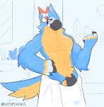  absurd_res anthro athletic avian balls beak bootyfeather breath_of_the_wild feathers genitals hi_res kass_(tloz) looking_at_viewer male nintendo penis simple_background solo the_legend_of_zelda towel towel_around_waist video_games yellow_balls 