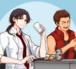  2boys bare_shoulders beer_can black_hair can chi119 closed_eyes coat cup drinking_glass kaga_tsuyoshi kaii_shoukougun kirisaki_shouta labcoat male_focus medium_hair multiple_boys necktie official_art ponytail red_vest short_hair sitting smile tan vest white_coat 