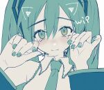 1girl amg_(amo10) aqua_eyes aqua_hair aqua_nails aqua_necktie aqua_theme closed_mouth collared_shirt commentary detached_sleeves drawn_ears drawn_whiskers english_text flat_color hair_between_eyes hands_up hatsune_miku highres light_blush long_hair looking_at_viewer necktie shirt solo symbol-only_commentary tears twintails unfinished upper_body vocaloid white_shirt wing_collar 