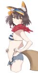  1girl animal_ear_fluff animal_ears bangs bikini bikini_under_clothes blue_archive blush breasts brown_hair denim denim_shorts fox_ears fox_girl fox_tail hat hei_(tonarinohey) highres izuna_(blue_archive) izuna_(swimsuit)_(blue_archive) looking_at_viewer medium_breasts orange_eyes ponytail red_scarf scarf short_shorts shorts side_ponytail simple_background solo striped striped_bikini sweat swimsuit tail untied untied_bikini visor_cap white_background 