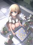  1girl baking_sheet bangs blonde_hair blue_eyes blush bubba_(watson_amelia) collarbone crocodile crocodilian dog hat highres hololive hololive_english investigator_(amelia_watson) shirt short_hair squatting tray virtual_youtuber watson_amelia white_shirt zedd_(zedgawr) 