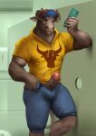  anthro baseball_cap bathroom big_muscles bottomwear bovid bovine cattle cellphone clothed clothing erection genitals hat headgear headwear hi_res hoodie horn humanoid_genitalia humanoid_penis inside male mammal manly muscular muscular_anthro muscular_male penis phone satanic_monkey shorts smartphone solo standing thick_neck tight_clothing topwear unzipped unzipped_pants 