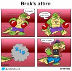  2022 alligator alligatorid anthro bottomwear boxing_gloves boxing_shorts brok_(character) brok_the_investigator clothing comic crocodilian dialogue english_text feet green_body handwear hat headgear headwear hi_res humanoid_hands jollyville magnifying_glass male pants reptile scalie shirt slightly_chubby solo surprise text topwear video_games 