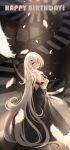  1girl absurdres black_dress blonde_hair blue_eyes blush closed_mouth dress feathers happy_birthday highres long_hair looking_at_viewer looking_back noir_(noworld) noworld qiyuan_yingluo smile solo spiral_staircase stairs standing virtual_youtuber white_feathers 