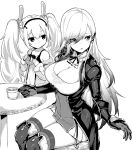  2girls azur_lane bangs breasts chair cleavage closed_mouth cup doughnut dunkerque_(azur_lane) food gloves greyscale holding holding_cup holding_food hori_(hori_no_su) laffey_(azur_lane) large_breasts looking_away monochrome multiple_girls parted_lips pleated_skirt simple_background sitting skirt swept_bangs thighhighs twintails white_background 