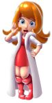  absurdres blue_eyes bodycon boots coat dress full_body highres long_hair looking_at_viewer mona_(warioware) open_mouth orange_hair red_dress red_footwear red_nails smile transparent_background warioware white_coat 