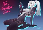  1girl armor bodysuit boots breasts commission eyepatch gun henken highres long_hair medium_breasts original ponytail rifle shoulder_armor sitting skeb_commission solo wariza weapon 