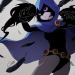  1girl belt black_leotard breasts cape closed_mouth colored_skin dc_comics english_commentary expressionless feathers grey_skin highres hood hood_up leotard looking_at_viewer medium_breasts purple_eyes raven_(dc) solo superhero teen_titans thighs urucra 