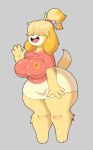  2022 absurd_res animal_crossing anthro blonde_hair bottomwear breasts canid canine canis clothed clothing domestic_dog female fur hair hair_over_eyes hi_res isabelle_(animal_crossing) mammal mehdrawings nintendo shih_tzu skirt solo thick_thighs toy_dog video_games yellow_body yellow_fur 