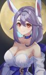  1girl animal_ears aqua_hair bare_shoulders breasts choker cleavage collarbone crescent_moon dress epic_seven full_moon hair_between_eyes hair_ornament highres long_hair long_sleeves looking_at_viewer moon moon_bunny_dominiel multicolored_hair naoki0106 night night_sky pom_pom_(clothes) pom_pom_hair_ornament purple_hair rabbit_ears ribbon sky smile strapless strapless_dress white_dress 